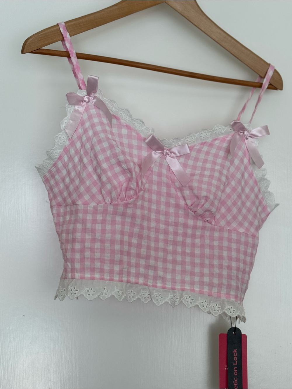 ROMWE Pink Gingham Lace-Trim Bralette Cami